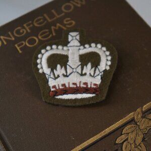 Large Embroidered Crown Brooch Green & Cream